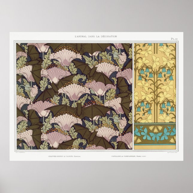 Jugendstil-Fledermäuse und Campanulas blühende Tex Poster (Vorne)
