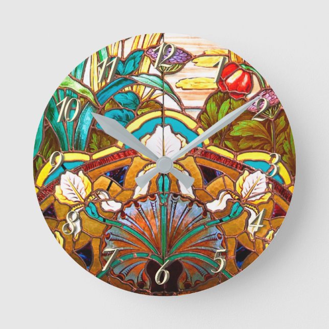 Jugendstil florale Buntglaslook Runde Wanduhr (Vorderseite)