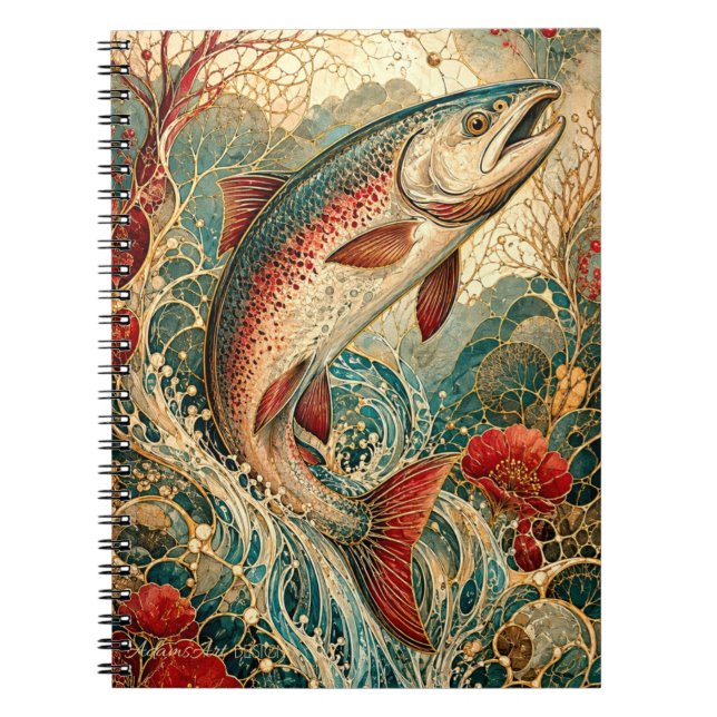 Jugendstil-Forellen-Splash-Blumenmuster Notizblock (Vorderseite)