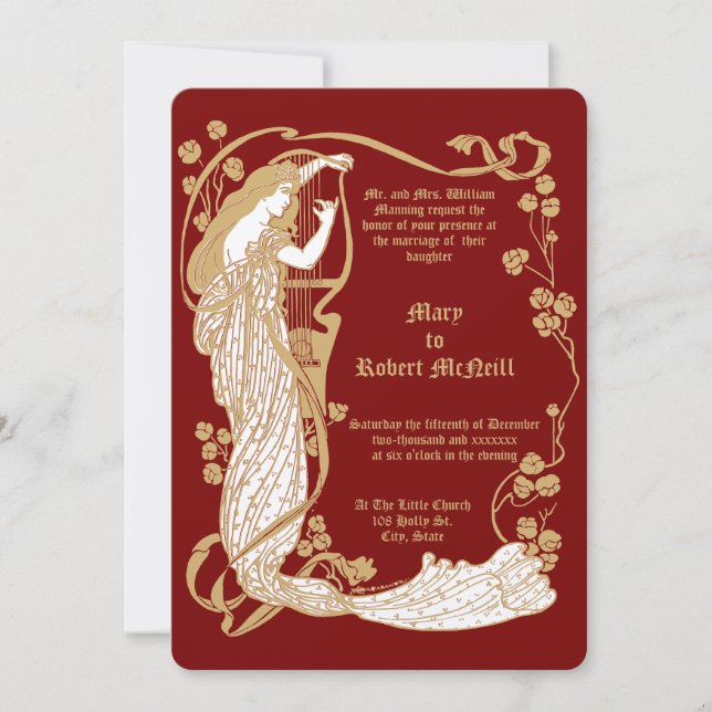 Jugendstil-Frau & Harp in Rose Hochzeit Einladung (Vorderseite)
