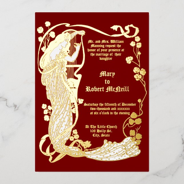 Jugendstil-Frau & Harp in Rose Hochzeit Folieneinladung (Vorderseite)