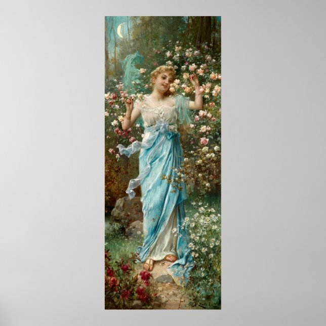 Jugendstil-Frau in Blume unter dem Halbmond Poster (Vorne)