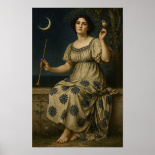 Jugendstil-Frau mit Klarinette und Halbmond Poster