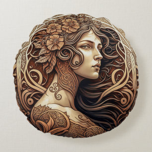Jugendstil-Frau Rundwurfkissen (16") Rundes Kissen