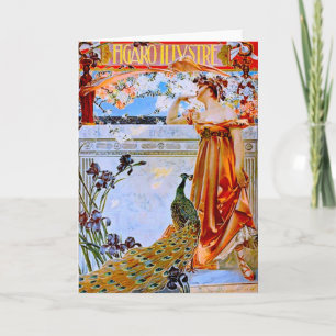 Jugendstil Frau und Pfau Karte