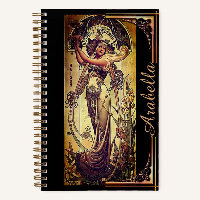 Jugendstil Frau Werbung Scharniere schwarzes Gold Notizbuch (Vorderseite)