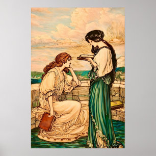 Jugendstil-Frauen beim Lesen am Meer Poster