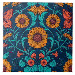 Jugendstil-Gänseblümchen in Blau und Gelb Fliese