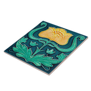 Jugendstil-Gelbe Blumenmuster Keramik Tile. Fliese