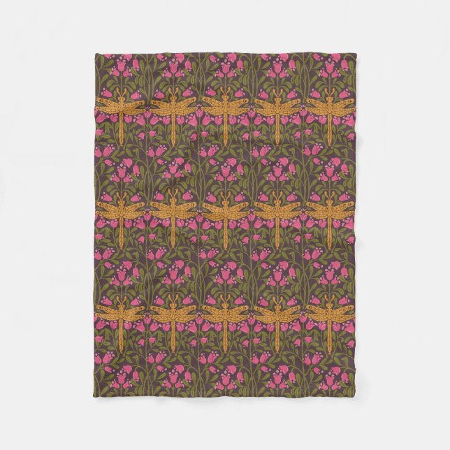 Jugendstil goldene Libelle rosa Blumenmuster Fleecedecke (Vorderseite)
