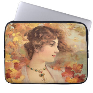 Jugendstil Herbst Frau Goldenes Blatt Druck Laptopschutzhülle