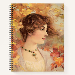 Jugendstil Herbst Frau Goldenes Blatt Druck Notizbuch