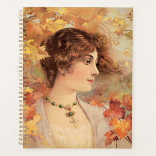 Jugendstil Herbst Frau Goldenes Blatt Druck Planer