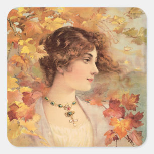 Jugendstil Herbst Frau Goldenes Blatt Druck Quadratischer Aufkleber