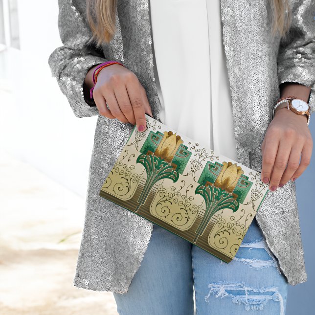 Jugendstil-Hochzeit im Stil von Tulips Zubehörtasche (Art Nouveau Repeating Tulips Style Motif Wedding Accessory Pouch With Model)