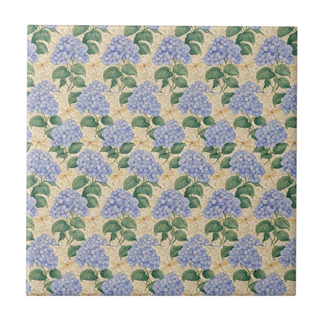 Jugendstil-Hortensienmuster mit Libellen Fliese (Vorderseite)