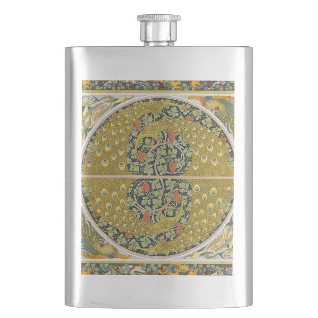 Jugendstil im Pfauenstil - runder, aufwändiger Ent Flachmann (Vorderseite)