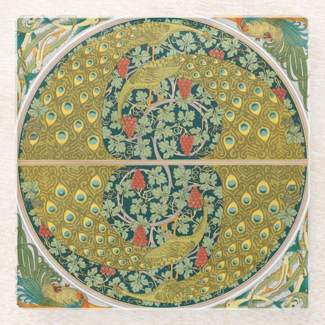 Jugendstil im Pfauenstil - runder, aufwändiger Ent Glasuntersetzer (Vorderseite)