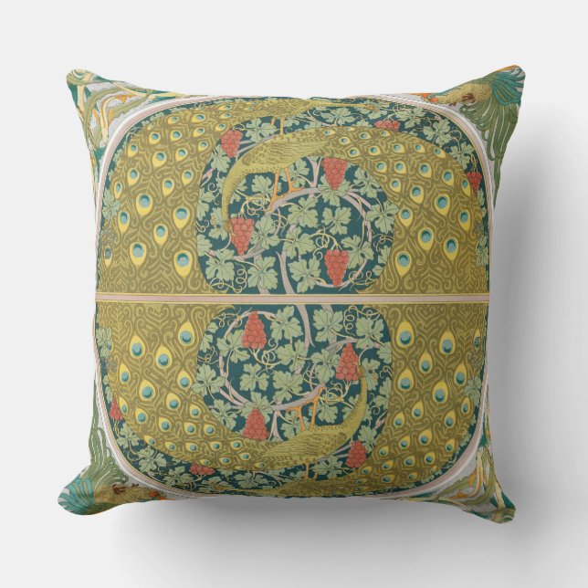 Jugendstil im Pfauenstil - runder, aufwändiger Ent Kissen (Vorderseite)