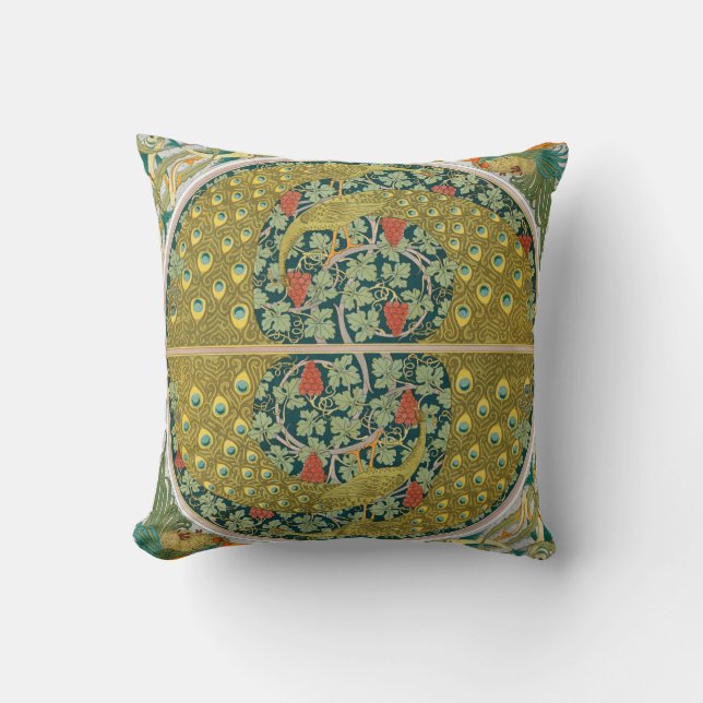 Jugendstil im Pfauenstil - runder, aufwändiger Ent Kissen (Vorderseite)