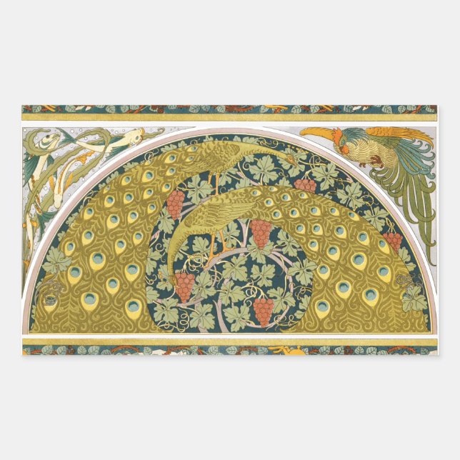 Jugendstil im Pfauenstil - runder, aufwändiger Ent Rechteckiger Aufkleber (Vorderseite)