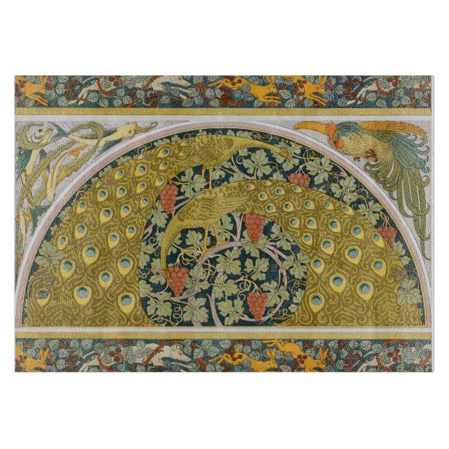 Jugendstil im Pfauenstil - runder, aufwändiger Ent Schneidebrett (Vorderseite)