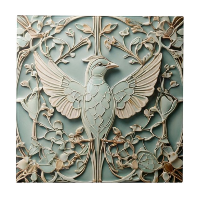 Jugendstil-Imitat-Relief Right Bird Pastel Minze Fliese (Vorderseite)