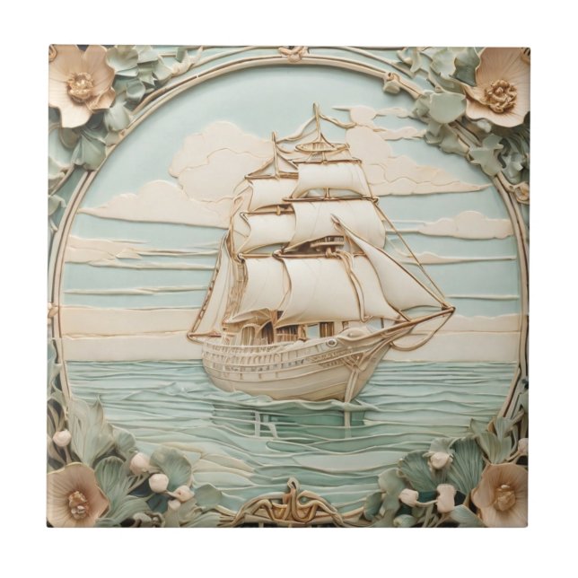 Jugendstil-Imitate Relief Antique Segelschiff Fliese (Vorderseite)