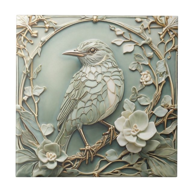 Jugendstil-Imitate-Relief Links Starling Bird Sage Fliese (Vorderseite)