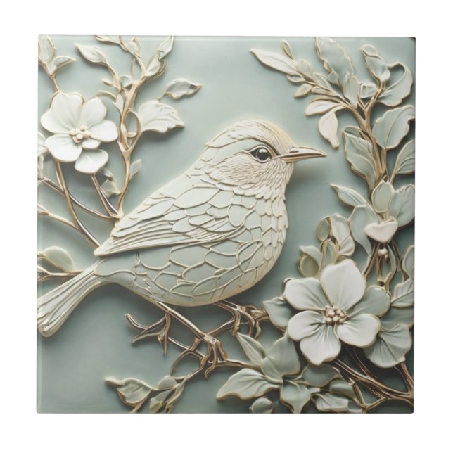 Jugendstil-Imitate-Relief Right Wren Bird Minze Fliese (Vorderseite)