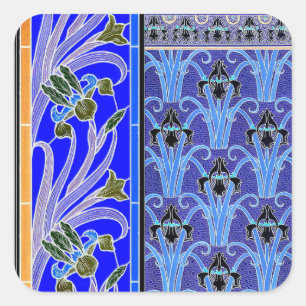 Jugendstil-Iris-Blumen-elegante-Kunst-Textil-Verne Quadratischer Aufkleber