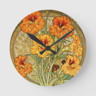 Jugendstil-Kapuzinerkresse-Blumenmuster Runde Wanduhr