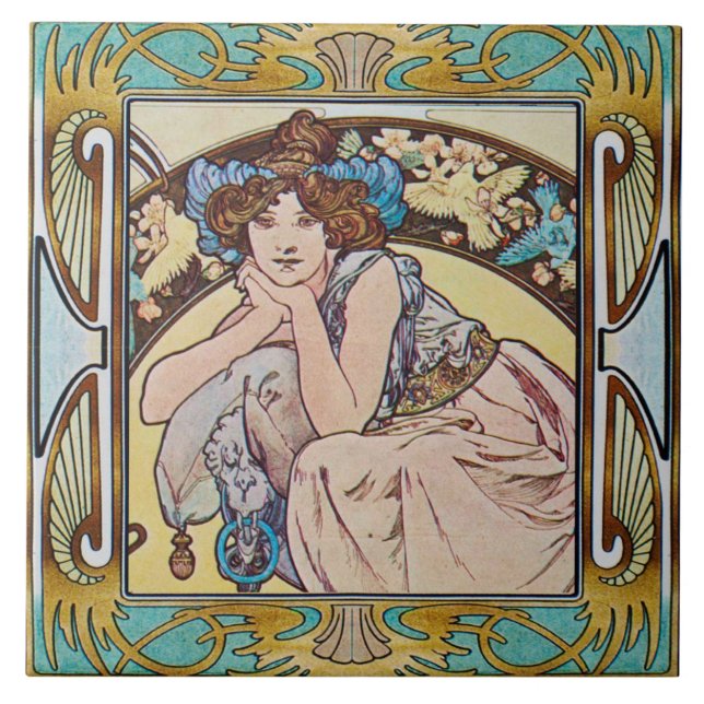 Jugendstil-Keramik Tile Alphose mucha Design 14 Fliese (Vorderseite)