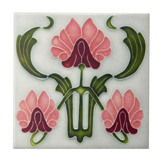 Jugendstil Keramik Tile. Rosa/Grün Fliese (Vorderseite)