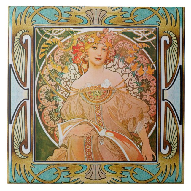 Jugendstil Keramikfliese Alphonse Mucha Design 01 (Vorderseite)