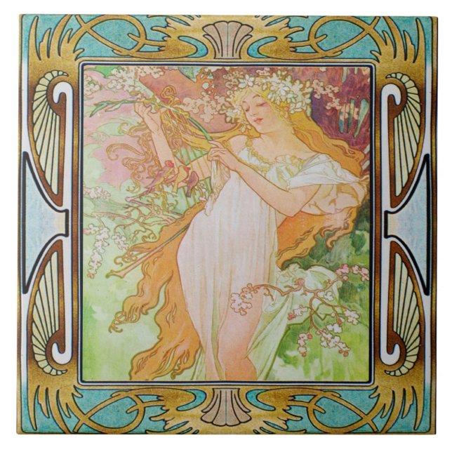 Jugendstil Keramikfliese Alphonse Mucha Design 02 (Vorderseite)