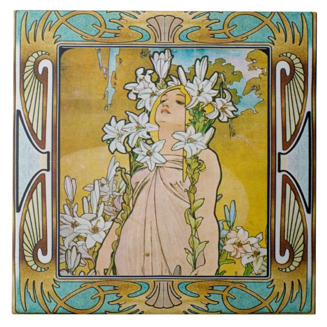 Jugendstil Keramikfliese Alphonse Mucha Design 04 (Vorderseite)