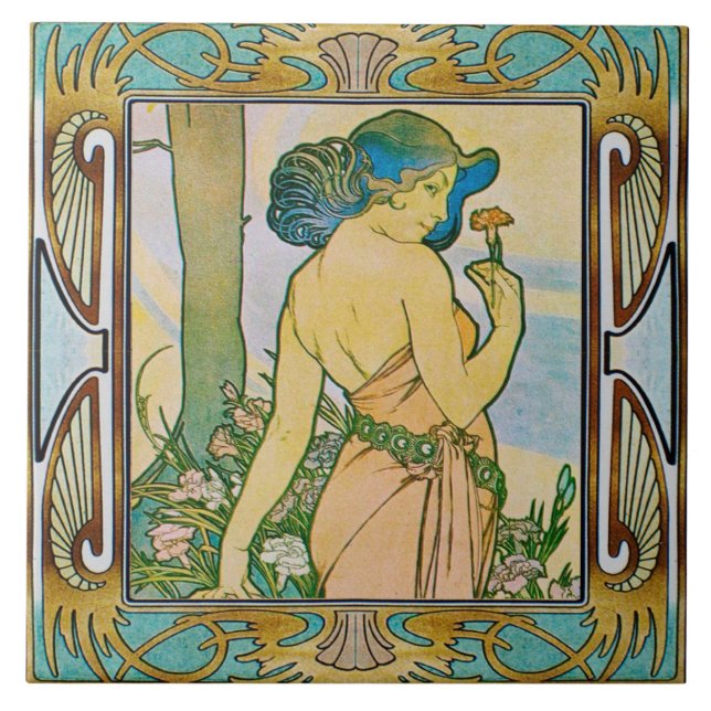 Jugendstil Keramikfliese Alphonse Mucha Design 08 (Vorderseite)
