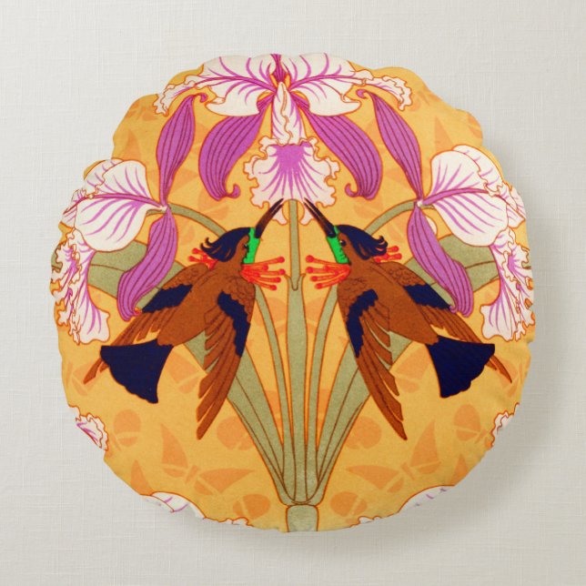 Jugendstil-Kolibri und orchide Blume Rundes Kissen (Vorderseite)