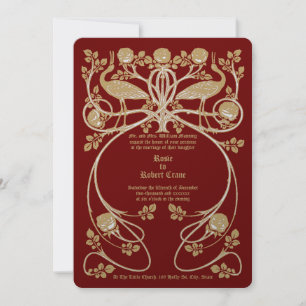 Jugendstil-Kraniche in Rosenbusch-Hochzeitseinladu Einladung