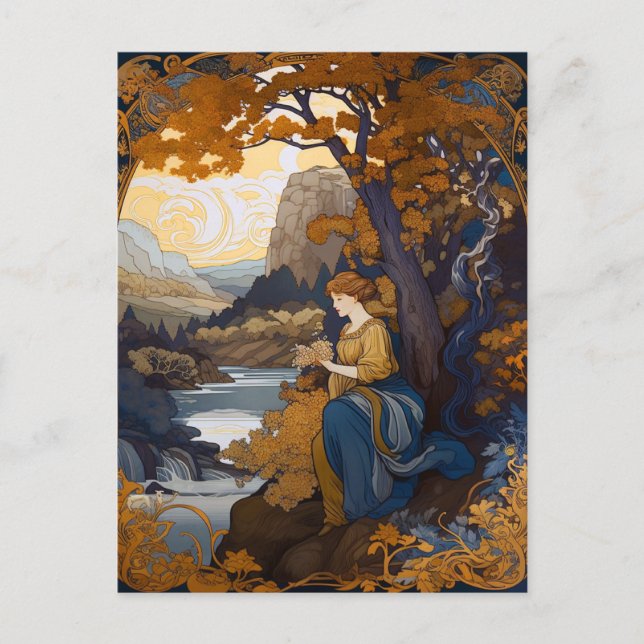 Jugendstil-Landschaft Frau Postkarte (Vorderseite)