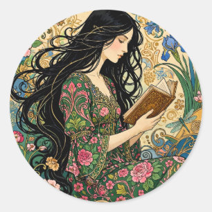 Jugendstil Lesen im Garten  Runder Aufkleber