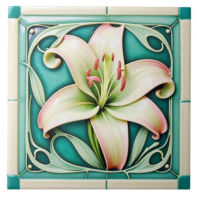 Jugendstil-Lilien-Keramikfliese. Fliese (Vorderseite)