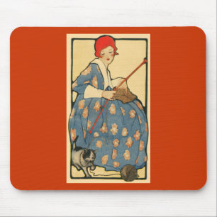 Jugendstil - Mädchen beim Stricken mit ihrer Katze Mousepad