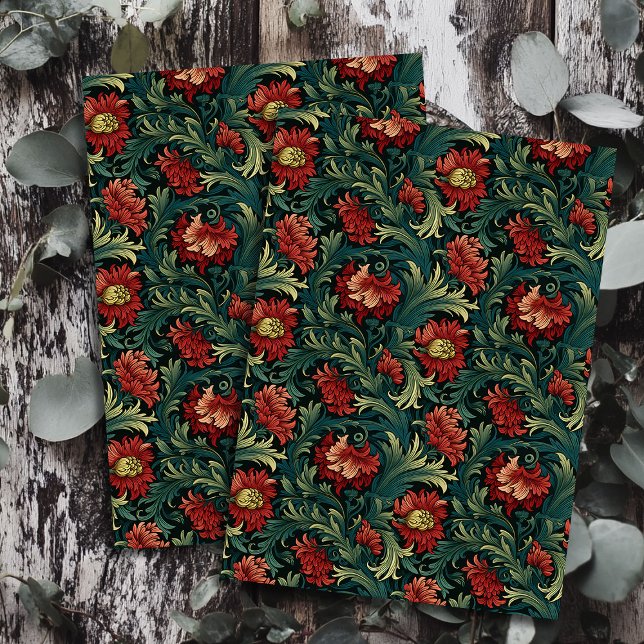 Jugendstil Morris Blume in Pastellgrün Seidenpapier (Art nouveau Morris deep red flowers pastel green Tissue Paper)