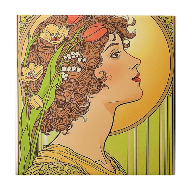 Jugendstil-Muse mit Frühlingsblumen Fliese (Vorderseite)