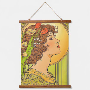 Jugendstil-Muse mit Frühlingsblumen Wandteppich Mit Holzrahmen