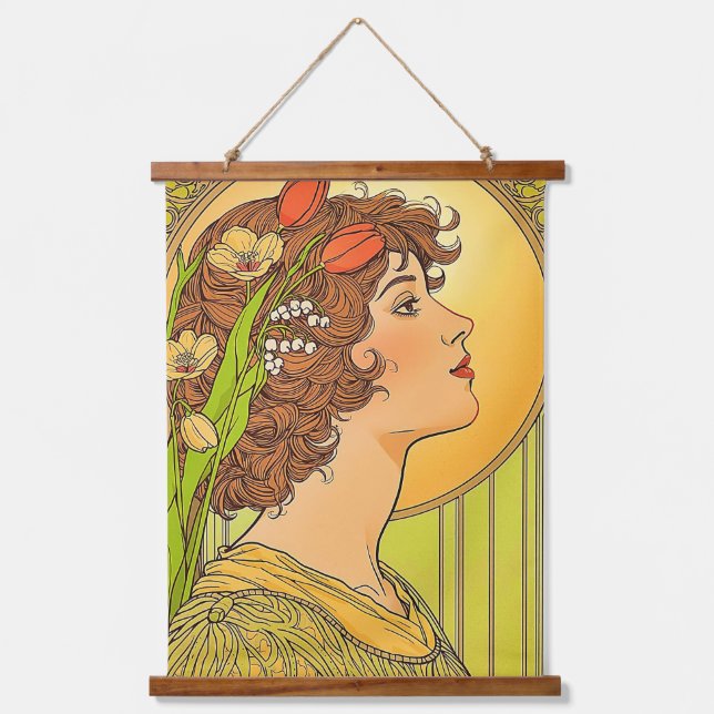 Jugendstil-Muse mit Frühlingsblumen Wandteppich Mit Holzrahmen (Vorderseite)
