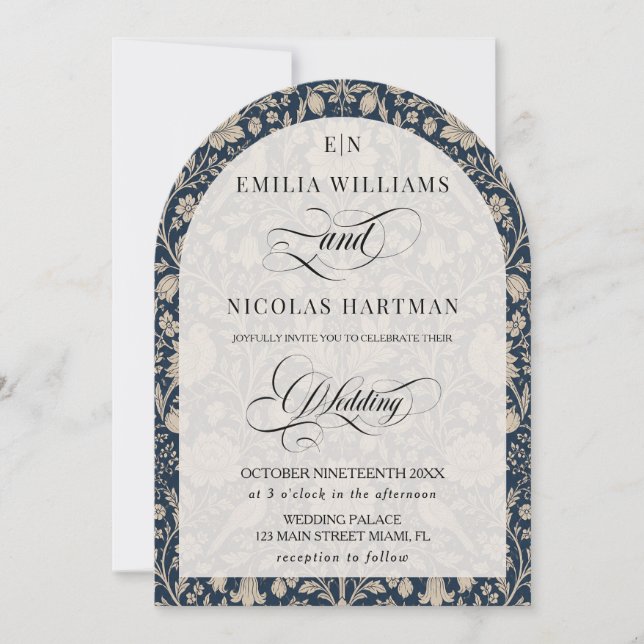 Jugendstil Navy Monogram Hochzeit Einladung (Vorderseite)