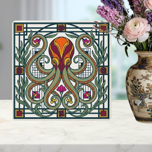Jugendstil-Oktopus Orange Burgund Grün Blumig D Fliese